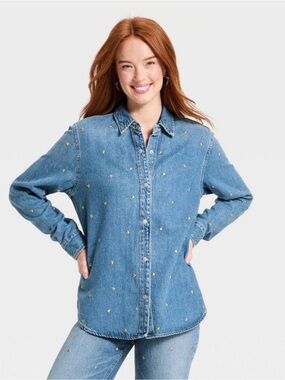 Universal Thread Studded Denim Button-Up Shirt - Blue with Gold Studs size XL